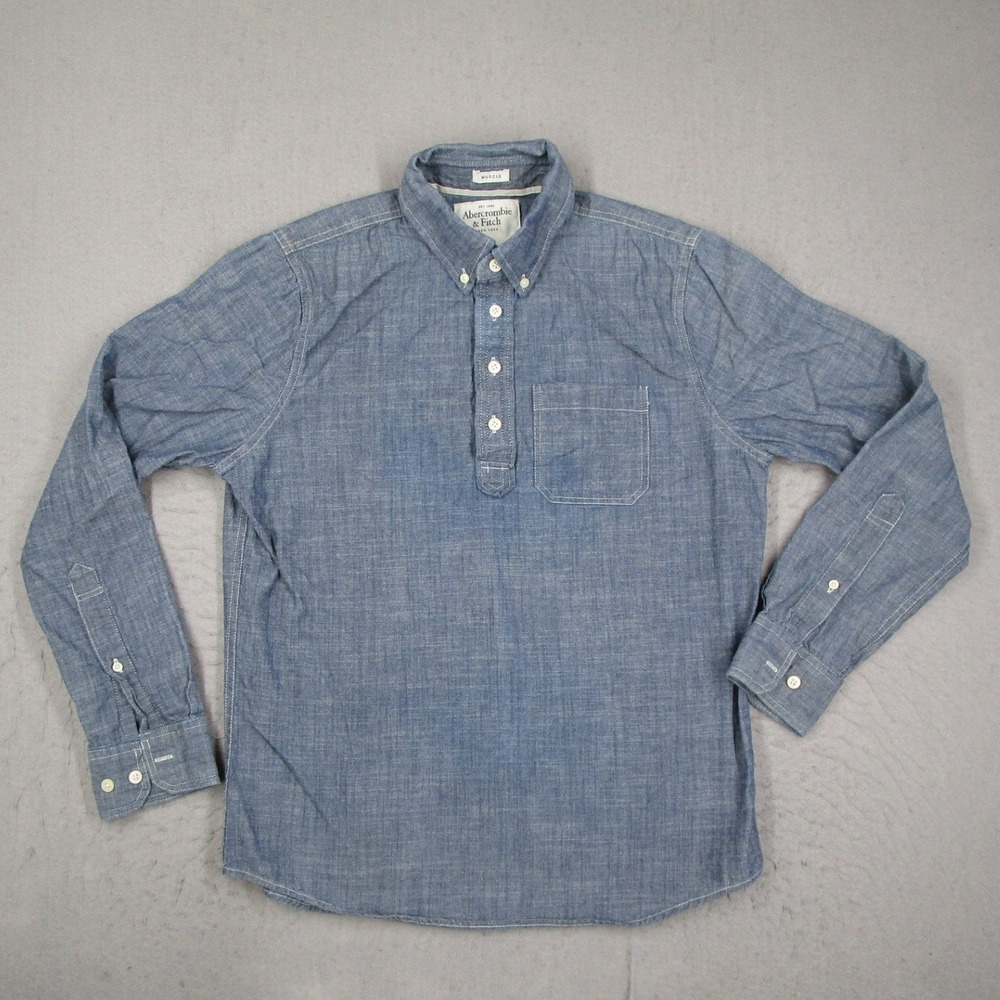 Abercrombie Fitch Men Blue Chambray Popover Shirt Muscle Fit Medium Long Sleeve
